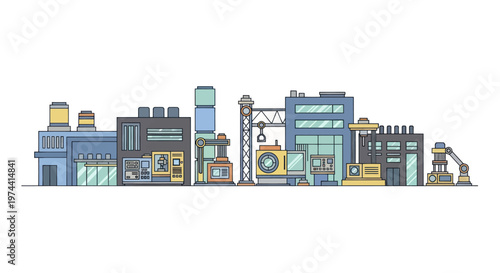 Industrial factory buildings and manufacturing plants in a row.