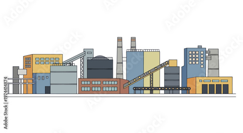Industrial Factory Buildings Complex with Smokestacks and Conveyor Belts.
