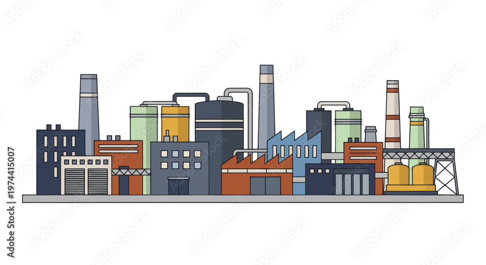 Fototapeta premium Industrial factory complex with multiple buildings and smokestacks.