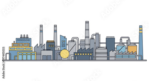 Industrial factory complex with multiple buildings and smokestacks.