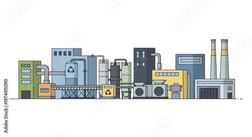 Industrial Factory Complex with Multiple Buildings and Smokestacks.