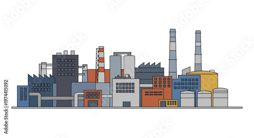 Industrial factory complex with multiple buildings and smokestacks.
