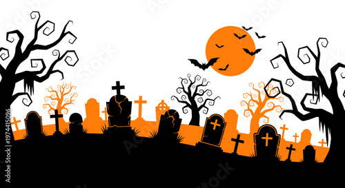 Spooky Halloween Cemetery Silhouette with Orange Moon and Bats