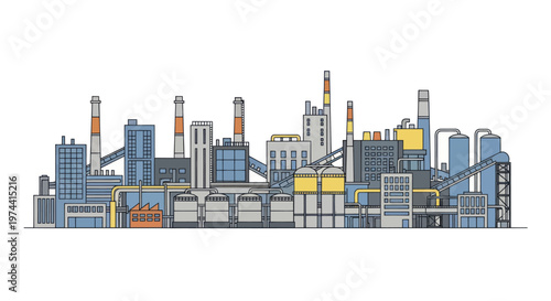 Industrial Factory Complex with Multiple Structures and Chimneys.