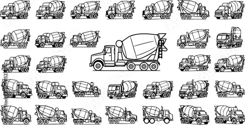 Collection of Black and White Line Art Vector Icons Featuring Concrete Mixer Trucks, Cement Vehicles, and Heavy Construction Equipment for Building Industry Designs.