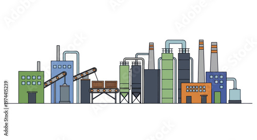 Industrial Factory Complex with Multiple Structures and Pipelines.