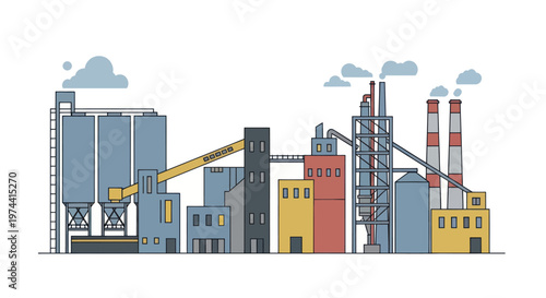 Industrial Factory Complex with Silos and Smokestacks.