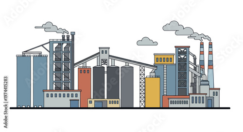 Industrial Factory Complex with Silos and Smokestacks.