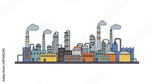 Industrial Factory Complex with Smokestacks and Buildings.