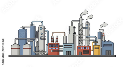 Industrial Factory Complex with Smokestacks and Pipelines.