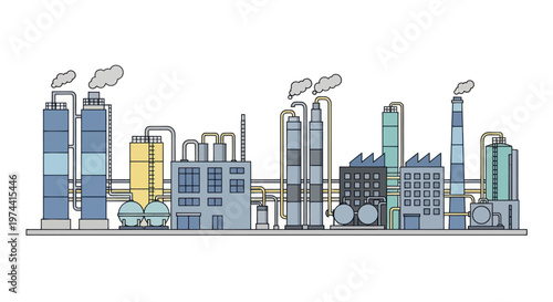 Industrial Factory Complex with Smokestacks and Pipelines.