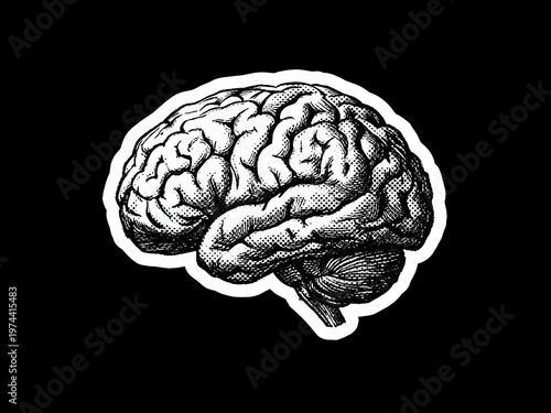 A halftone vintage sticker art of a human brain 