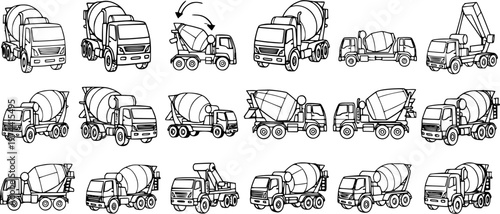 Construction Concrete Mixer Trucks Doodle Line Art Set. Various Cement Truck Heavy Equipment Vector Collection in Black and White Outline Style.