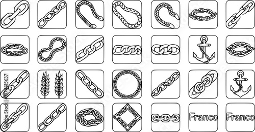 Black and White Line Art Icons Set: Diverse Jewelry Chains (Franco, Curb, Rope, Snake), Nautical Anchors  Ropes, and Agriculture Wheat Stalks for Design.