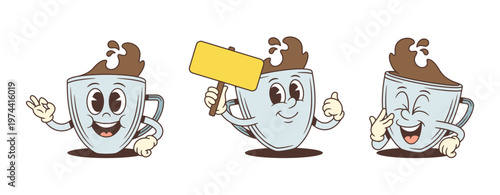 Set of three retro coffee cup cartoon characters. Poses include an ok gesture, holding a blank sign for custom text, and a winking expression. Fun mascot vector illustration for cafes and branding