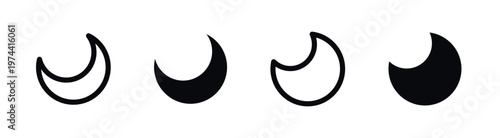 Crescent moon silhouette set, four phases, celestial, astronomy theme, black and white vector illustration