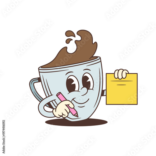Coffee cup cartoon character writing on a blank note with a pencil. Creative retro mascot vector illustration for cafe menus, to-do lists, brainstorming sessions, and taking notes. Inspiring concept