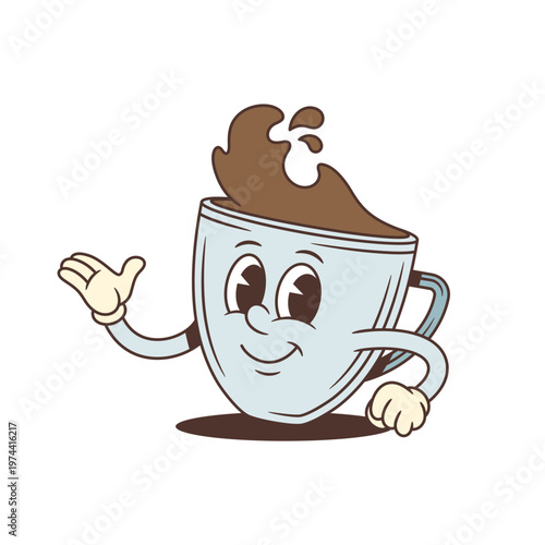 Friendly coffee cup cartoon character with a welcoming gesture. A classic retro mascot vector illustration for cafe menus, presentations, and brand identity. Inviting and approachable feel