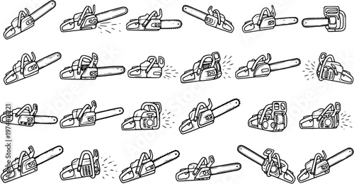 Black and White Line Art Pattern of Chainsaws, Woodcutting Tools for Lumberjacks and Forestry