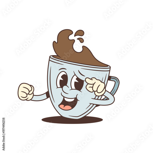 Confident winking coffee cup cartoon character pointing forward. Retro mascot vector illustration for motivational designs, cafe branding, and energetic projects. A playful and encouraging vibe