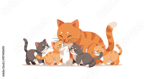 A loving cartoon mother cat is surrounded by her kittens, all nuzzling against her in a heartwarming display of affection, depicted in a bright, colorful vector illustration against a clean
