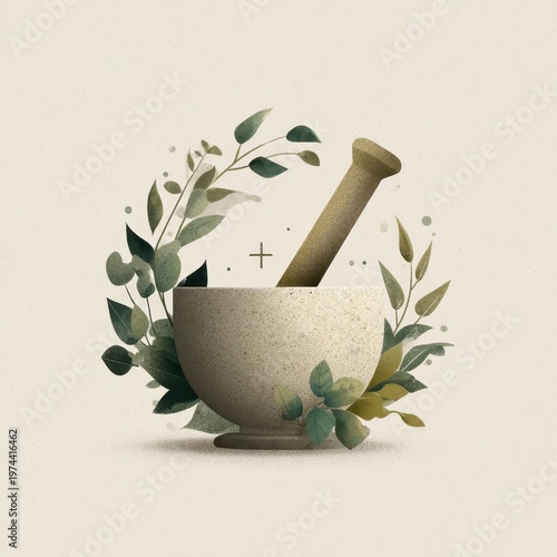 Modern illustration of a wooden mortar and pestle with foliage for healthcare branding