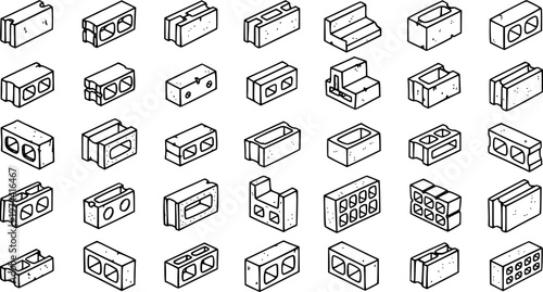 Construction Concrete Blocks Line Art Set. Isometric Black and White Hand-drawn Illustrations of Cinder Blocks, Masonry Units, Building Materials.