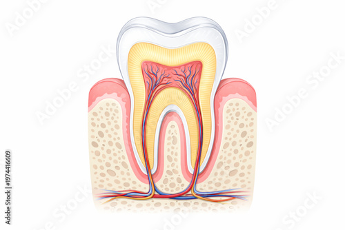 Cross section of human tooth anatomy diagram with gums and nerves