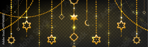 Ramadan decoration garland with golden crescent or moon and glowing stars on transparent background. Vector illustration of islamic hanging decor, festive gold pendants for Eid celebration.
