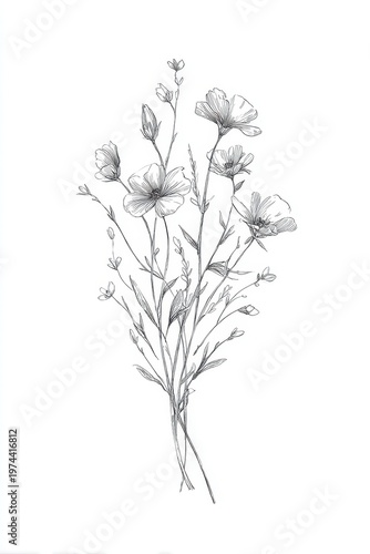 Monochrome wildflower arrangement sketch with botanical line art illustration