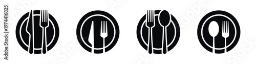 Black and white silhouette of cutlery and plates, dining elements, vector illustration