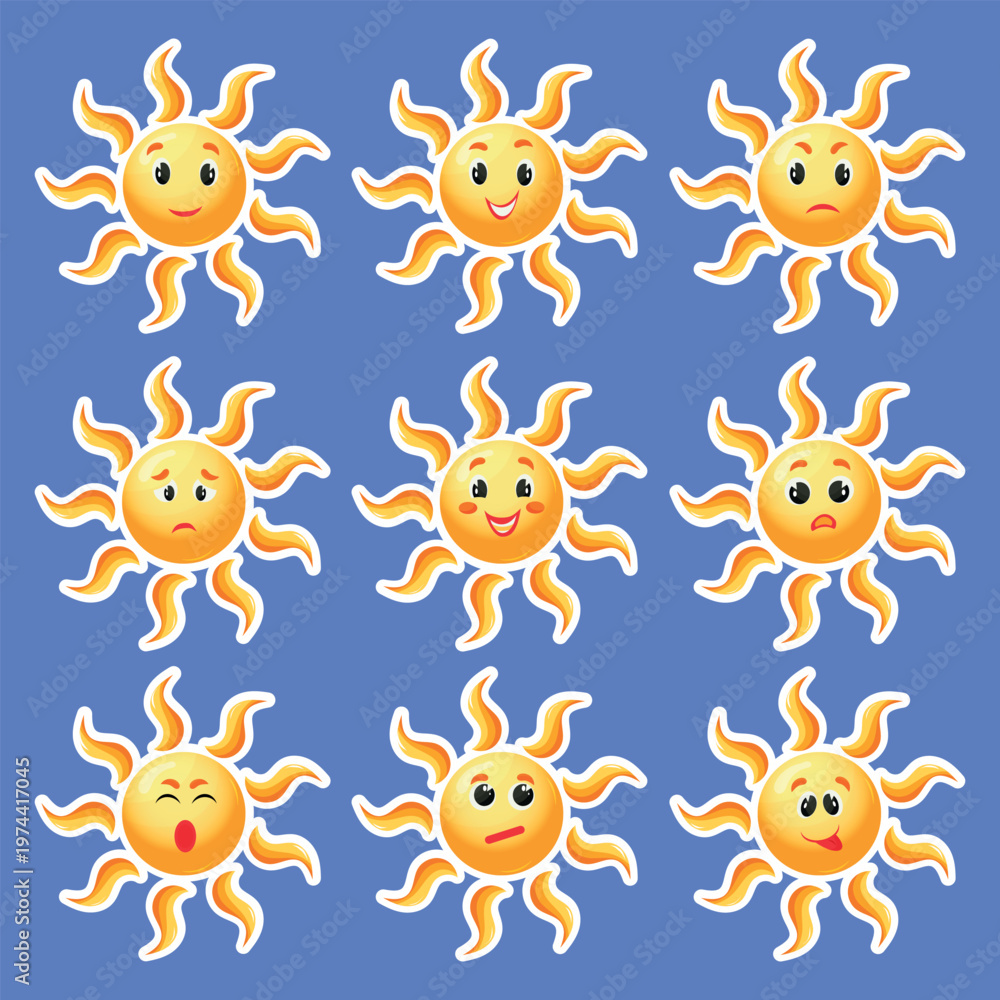 Fototapeta premium Cute Sun Stickers Set with White Stroke on Blue Background