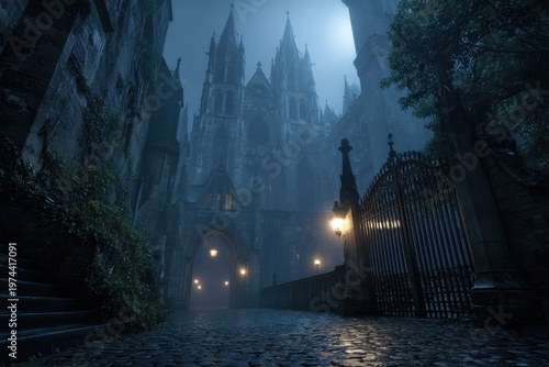 Moonlit Gothic Castle Exterior Shrouded in Dense Fog with Crumbling Walls and Ivy