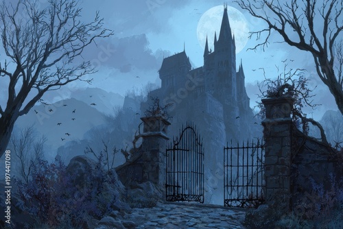 Moonlit Gothic Castle Shrouded in Fog with Spires and Gargoyles