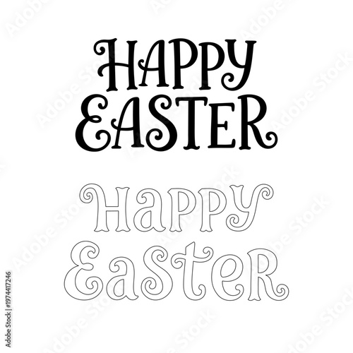 Happy Easter lettering in decorative typography. Christian holiday greeting sign with solid and outline font styles. Graphic element for postcard, banner and festive invitation design.