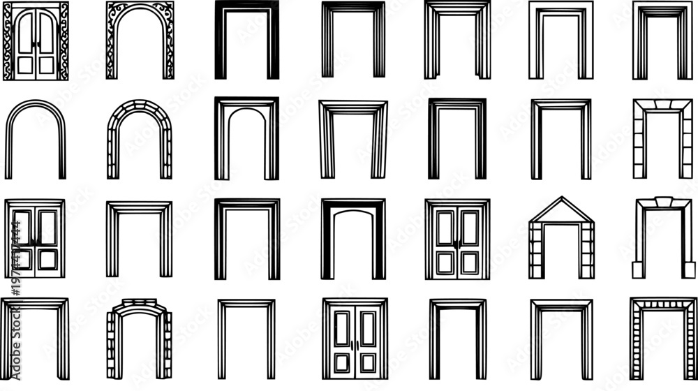 Αυτοκόλλητο Architecture  Construction Black  White Line Art: Detailed Collection of Doorway