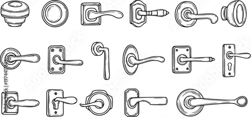 Black and White Line Art Collection of Various Door Handles and Knobs
