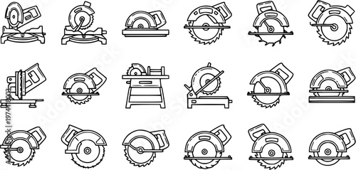 Woodworking Power Saws Line Art Icon Set. Black and White Outline Collection of Circular Saws, Miter Saws, and Table Saws for Construction and DIY.