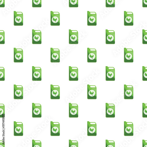 Green biofuel canisters with leaf symbols creating a seamless pattern