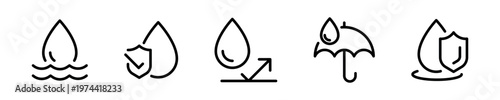 Water drop line icons representing protection and security, featuring shield and umbrella elements, black and white