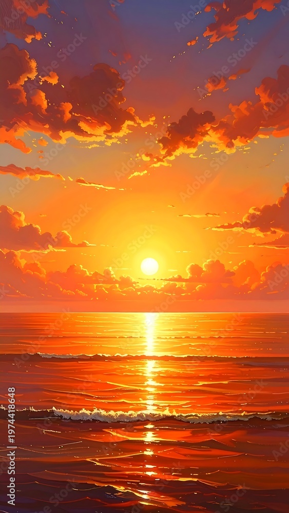Fototapeta premium Vibrant orange sunset over calm ocean water with scattered clouds