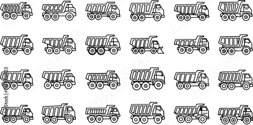 Construction and Mining Dump Truck Icons Set. Black and White Outline Line Art Glyph Collection of Heavy Equipment Vehicles for Hauling and Transport.
