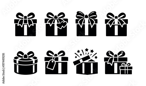 Black and white vector illustration of gift boxes with bows and decorative elements