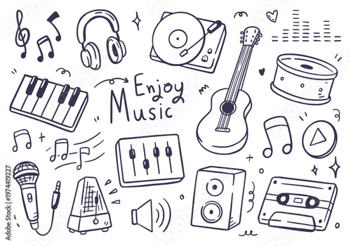 Hand drawn doodle set of music elements including instruments and audio equipment. Vector illustration