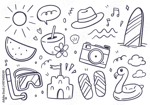 Hand drawn doodle set of summer beach elements for vacation and travel concepts. Vector illustration