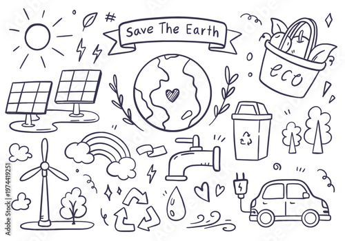 Hand drawn doodle set of eco and environmental elements promoting sustainability and saving the Earth. Vector illustration