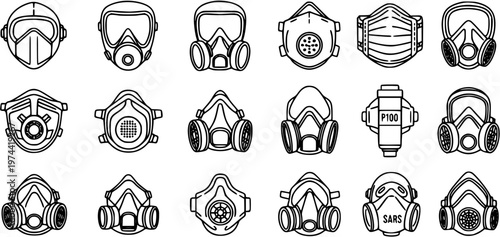 Industrial and Medical Safety Respiratory Masks and Protective Gear Line Art Icons Set. Collection of Respirators for Health and Work Protection
