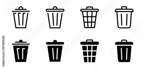 Set of trash can icons, waste bin illustrations, black and white vector silhouettes