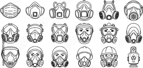 Black and White Line Art Vector Icons of Various Respirators and Masks for Protection