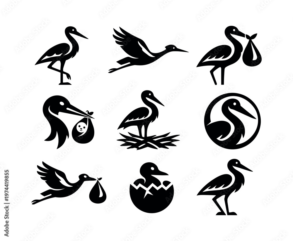Fototapeta premium Black and white stork silhouettes vector, bird illustration, nest and egg icons